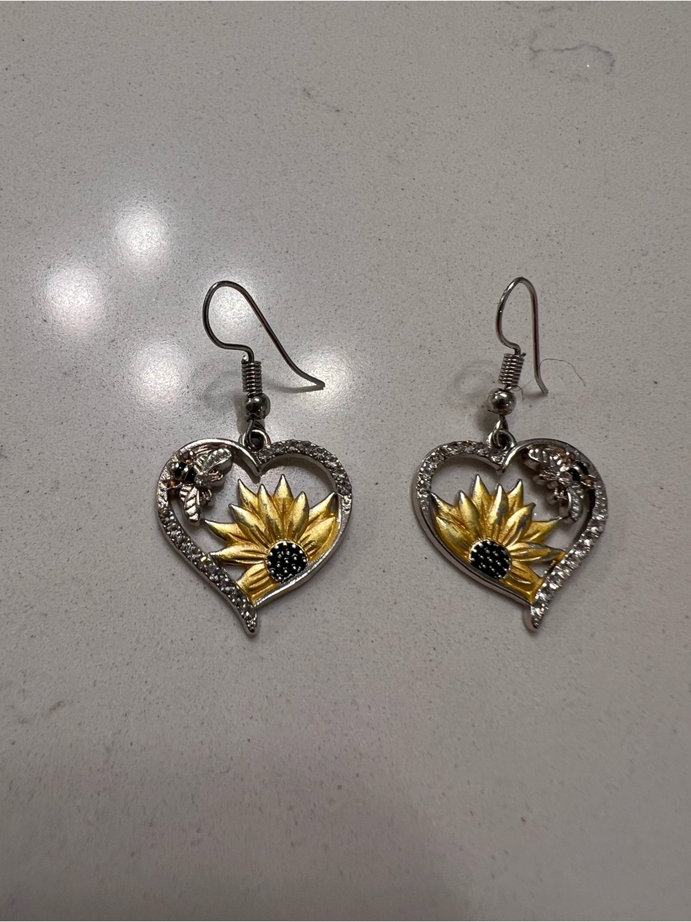 Sunflower & Bee Heart Dangle Earrings - Silver & Gold Tone